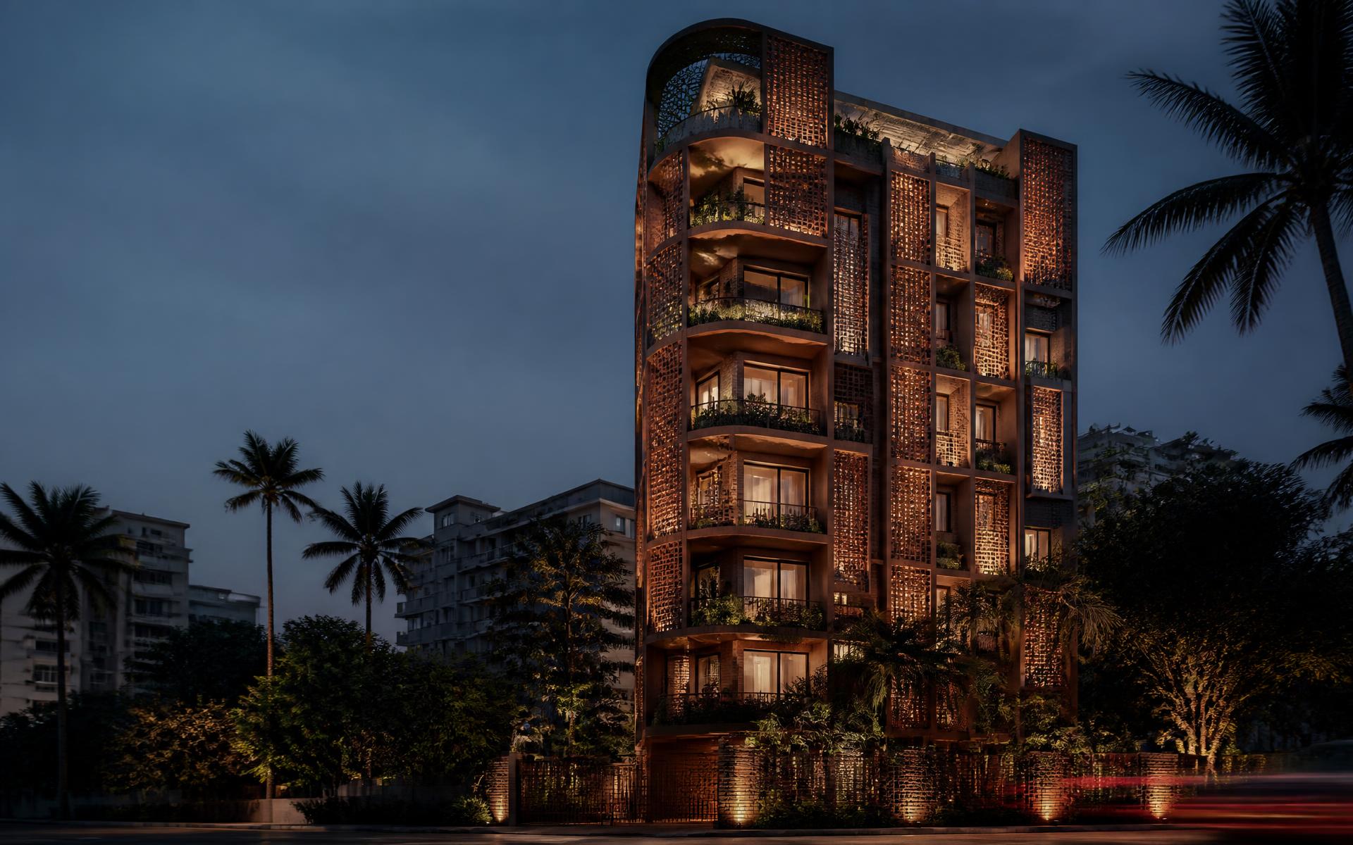 Night view of the ARMAAN residence and landscaped rooftop